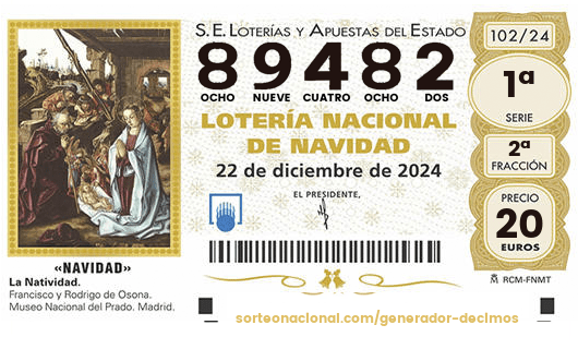 Décimo de lotería de Navidad 89482.
